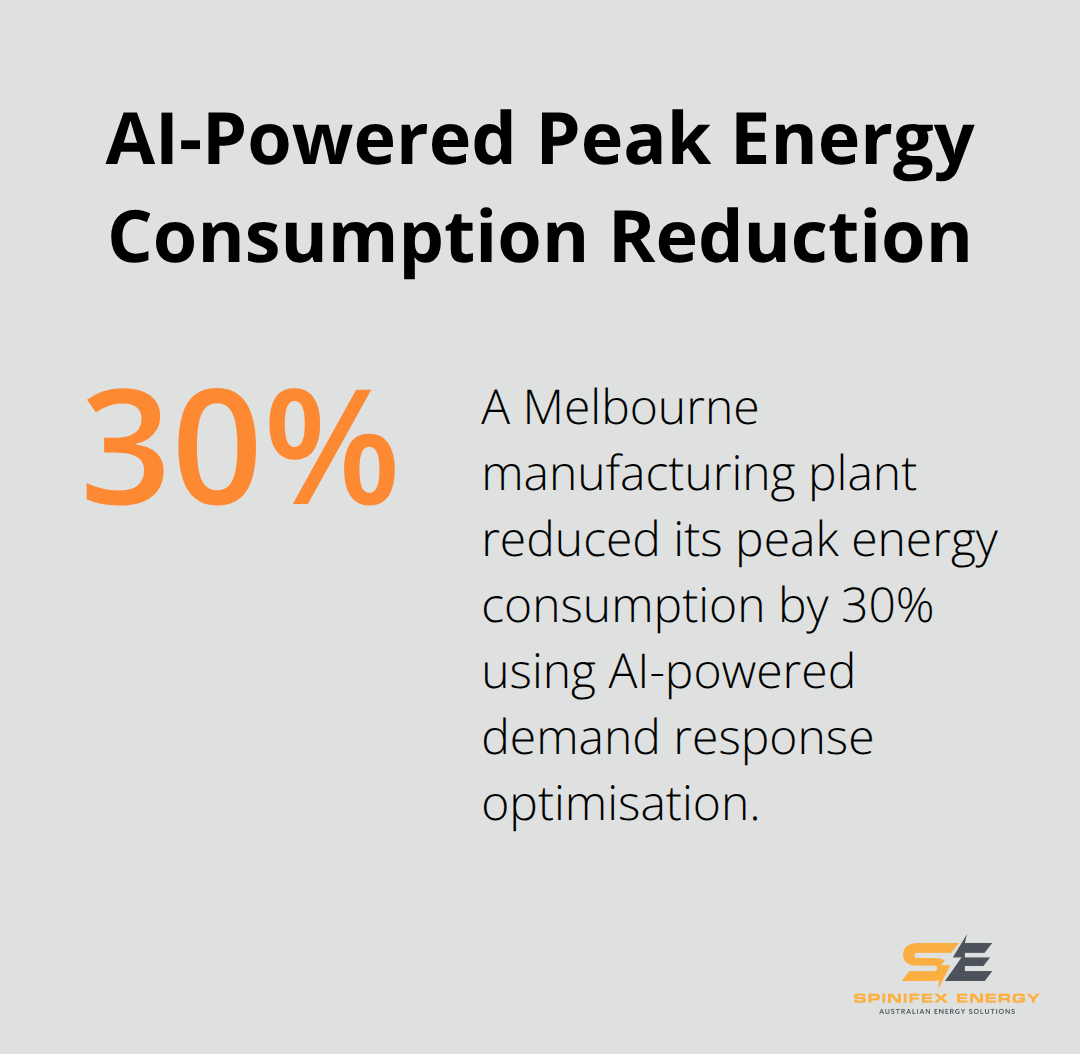 A percentage chart showing a 30% reduction in peak energy consumption achieved by a Melbourne manufacturing plant using AI-powered demand response optimisation. - AI energy